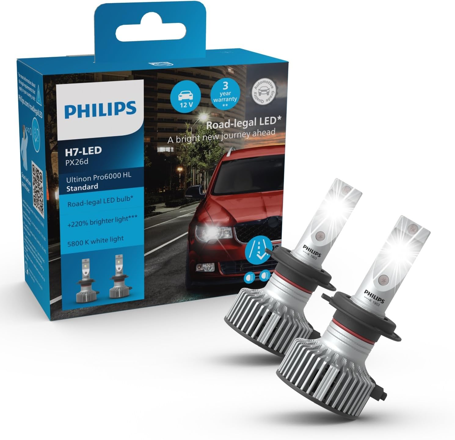 Philips Ultinon Pro6000 Standard H7 LED Headlight Bulb with Road Approval*, +220% Brighter Light**