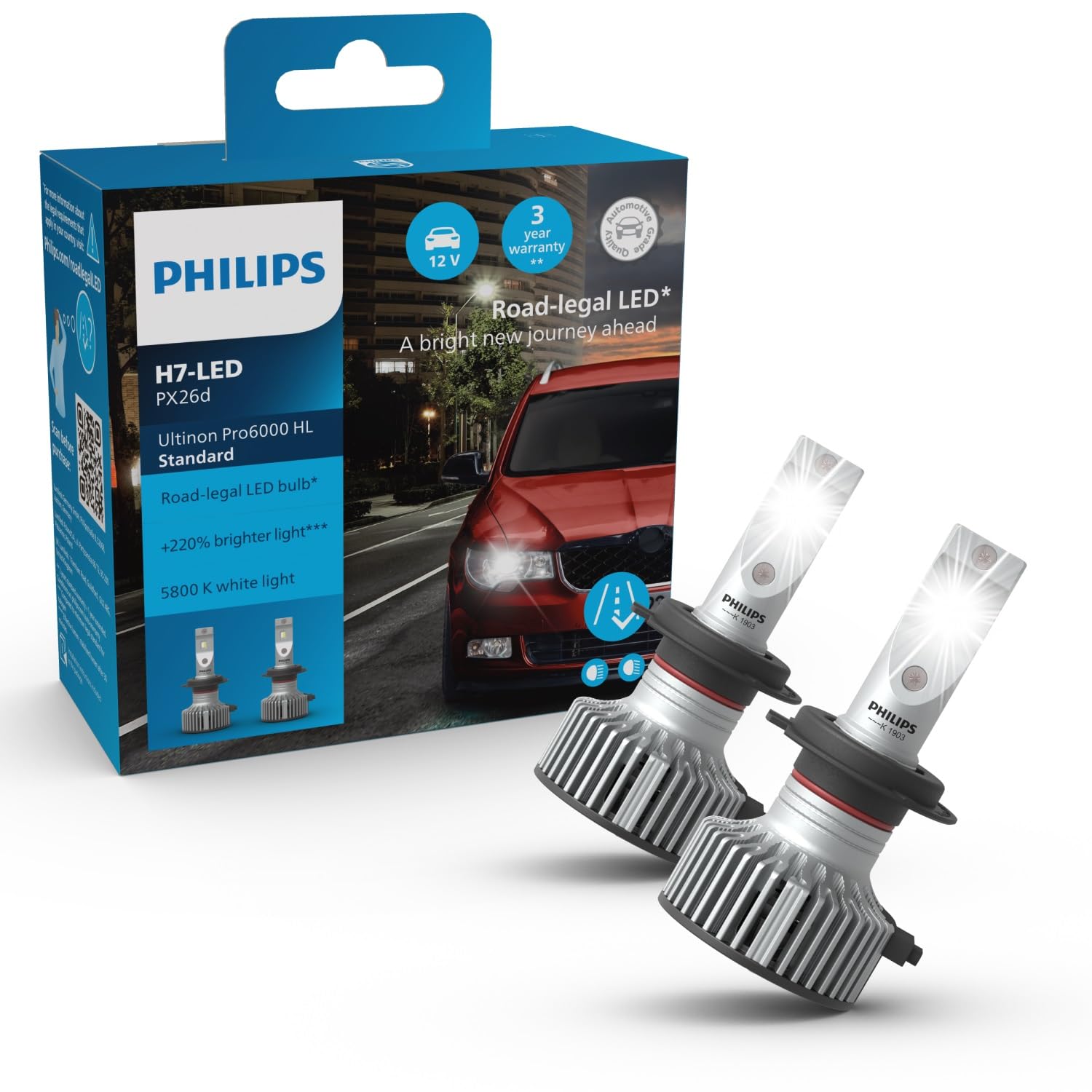 PhilipsUltinon Pro6000 Standard H7 LED Headlight Bulb with Road Approval*, +220% Brighter Light**