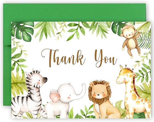 Miniatura 1 de Tarjetas de agradecimiento de safari en la selva con sobres, 50 notas de agradecimiento de animales de la selva para baby shower, tarjetas de