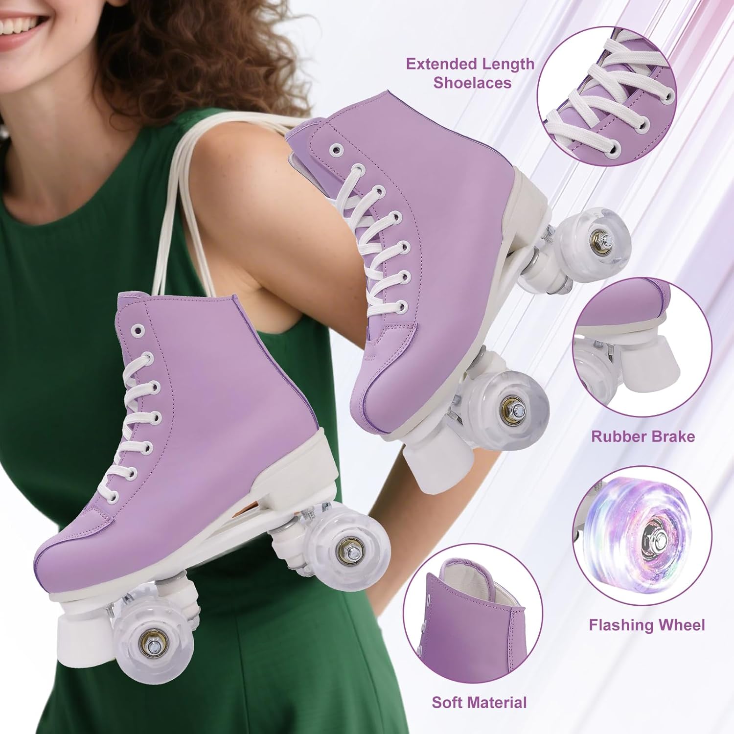 Women's Roller Skates Light Up Wheels, Adjustable Double Row Roller Skates Outdoor Shiny Derby Skates Illuminating for Teens and Youth