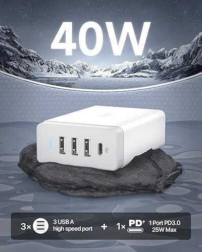 Miniatura 4 de SooPii Estación de carga USB de 40 W, estación de carga USB de 4 puertos con un puerto PDPPS de 25 W para múltiples dispositivos, 4 cables de carga
