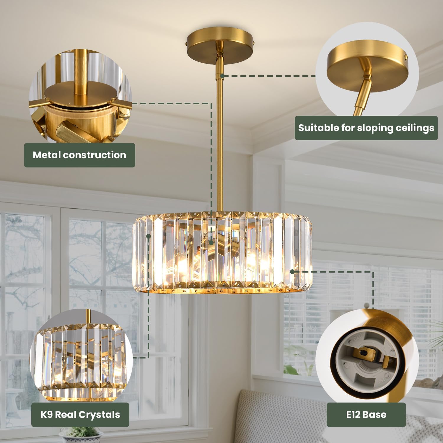 Gold Crystal Chandelier Industrial Pendant Light 11.81 inch Modern Vintage Semi Flush Mount Ceiling Light Fixture for Kitchen Island Living Room Dining Room Bedroom