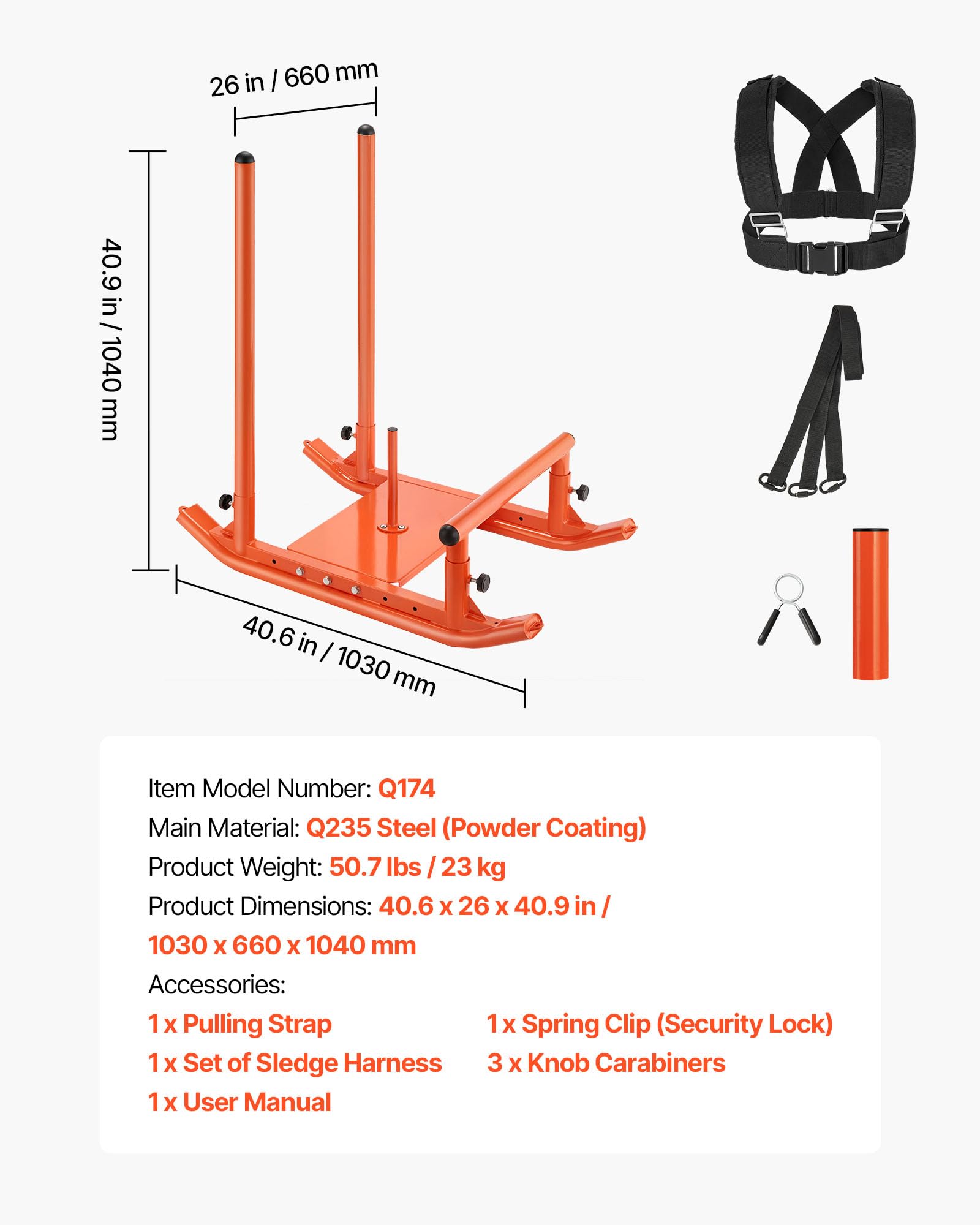 VEVOR Gewichtsschlitten Kraftschlitten Krafttrainingsschlitten zur Verbesserung der Geschwindigkeit bei sportlichen Übungen, Fitnessgerät mit Griff, Kompatibel mit 25/51 mm Gewichtsscheiben, Orange