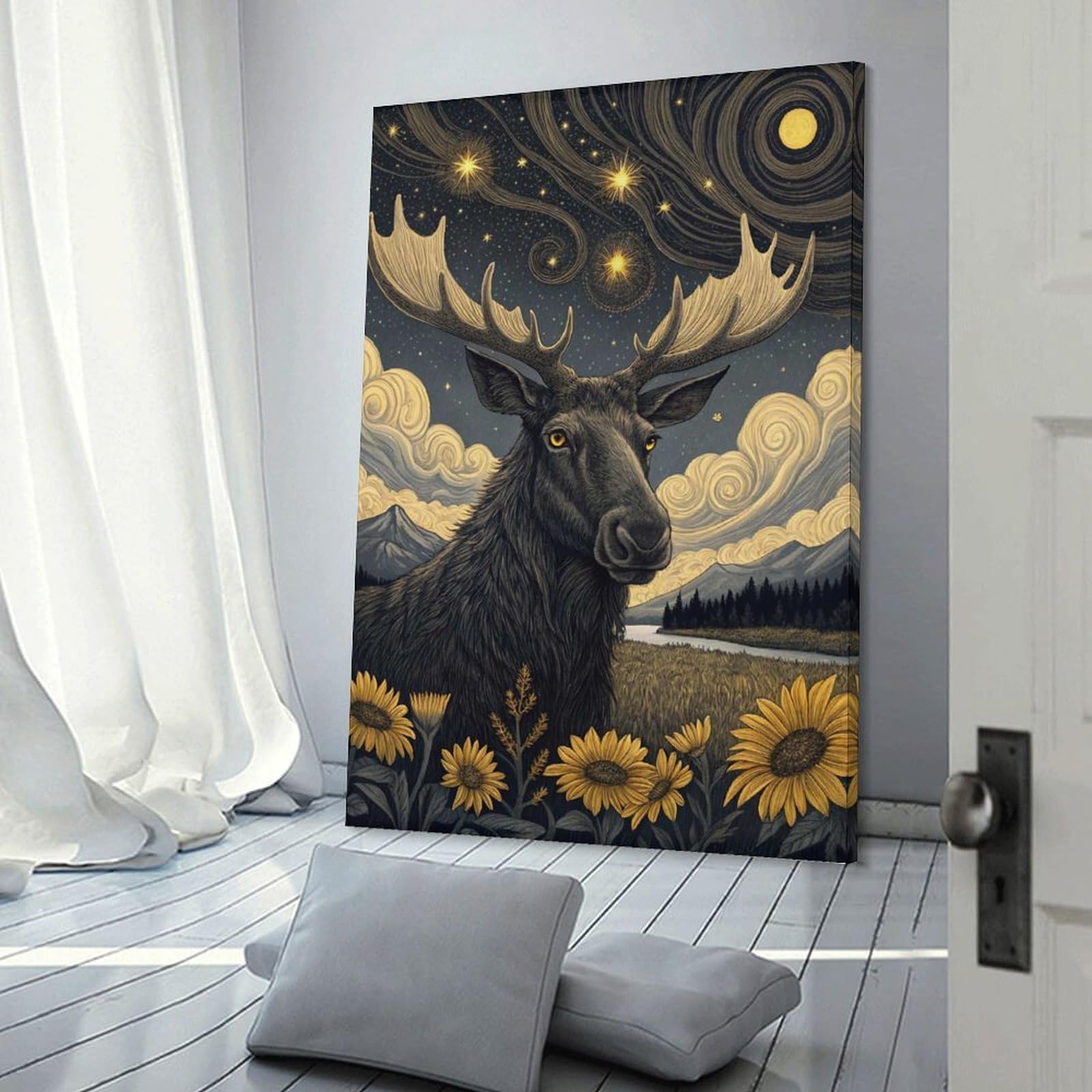 Junmoney Moose Under A Starry Sky Canvas Wall Picture 20x30inch(50x75cm), for Entryway, Lounge Links Or Small Walls, Decorative Canvas Styling for Entry Areas