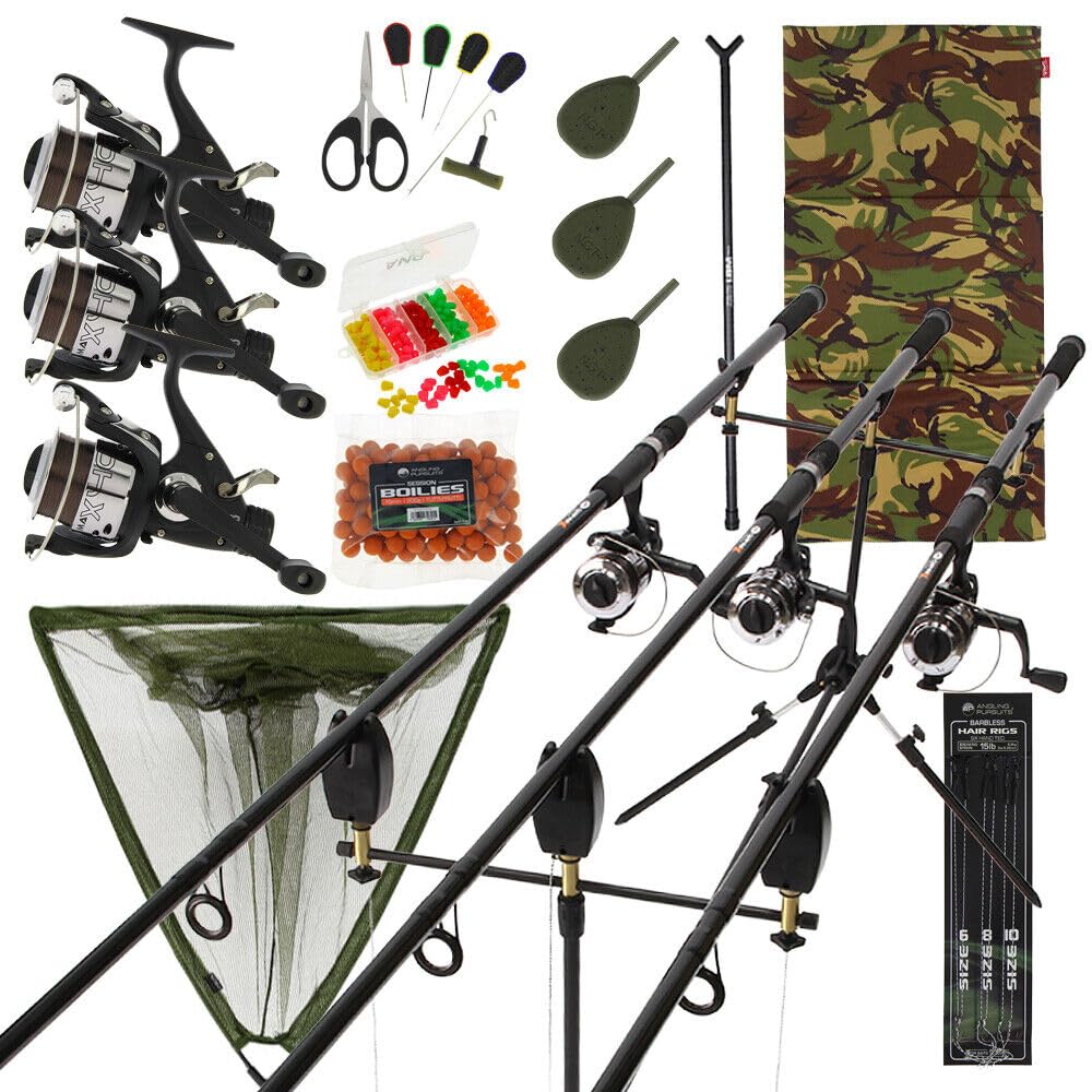 Full Carp Fishing Set With 3 x Rods And Reels Alarms Landing Net Mat Pod Tackle