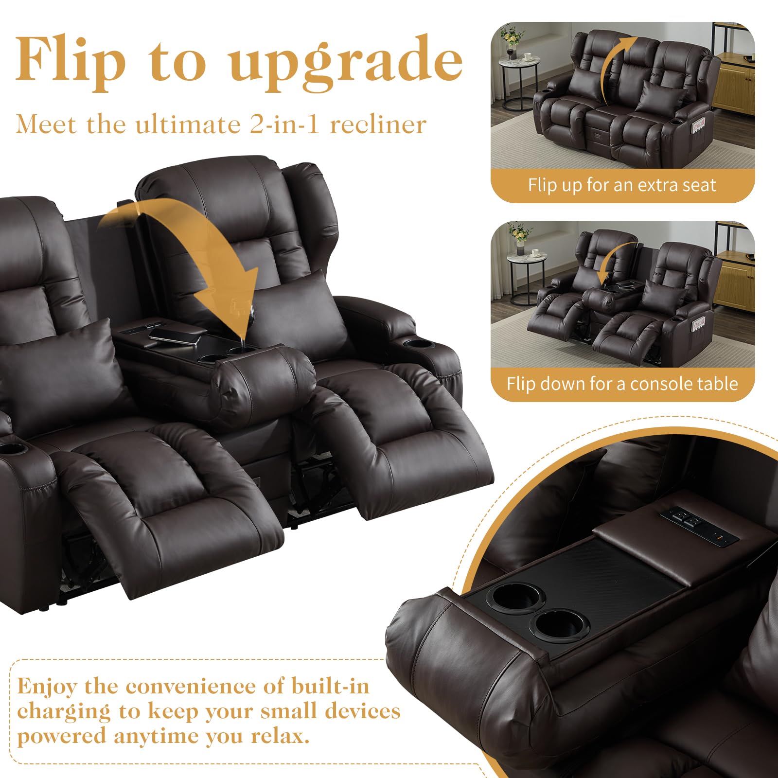 Kinosessel 2-Sitzer manuell, Relaxsessel mit Liegefunktion & Getränkehalter, Doppel-Fernsehsessel Relaxsofa verstellbar mit Klappkonsole, Heimkino Sofa Zweisitzer für Wohnzimmer, Kunstleder