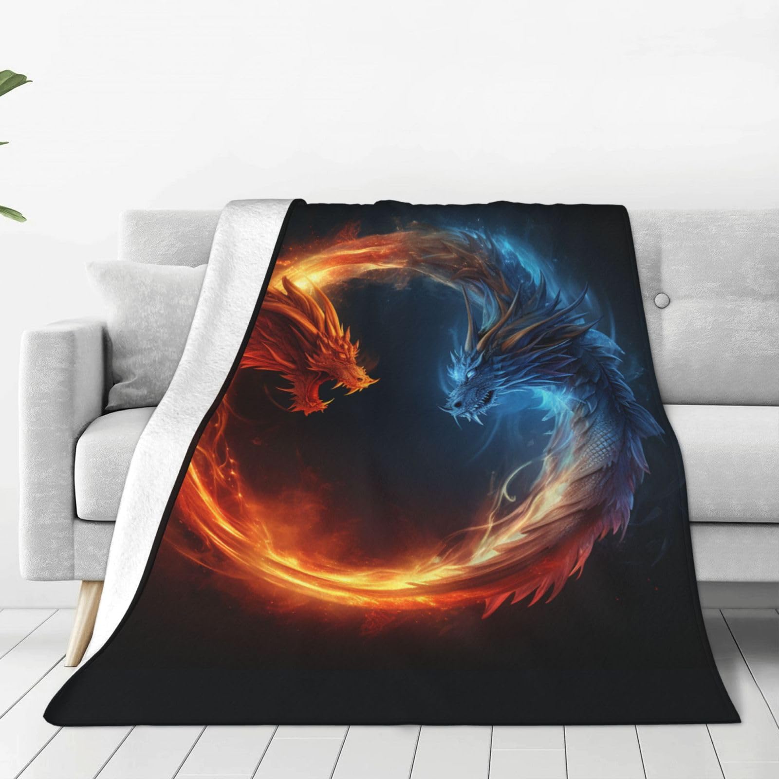 Fire and ice Dragons Throw Blanket for Couch, Plush Fuzzy Soft Flannel Blankets and Throws for Sofa, 40"x30" Bed Blankets for Travel Camping Chair, All Season Warm Fleece Blanket