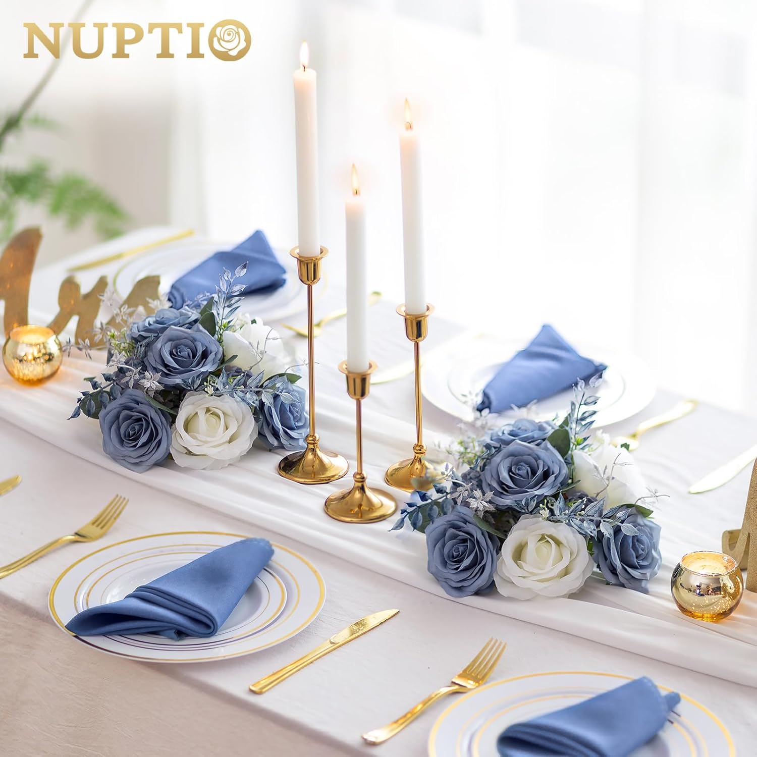 NUPTIO Flower Ball Centerpieces for Tables: Dusty Blue & White Artificial Rose Fake Floral Arrangement for Wedding Party Centerpiece Decorations 9.4 Inch Diameter 2 Pcs - Image 2