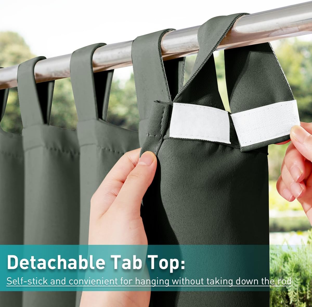 NICETOWN 2 Panels Greyish Green Long Outdoor Curtainss for Patio Waterproof, Detachable Sticky Tab Top Blackout Indoor Outdoor Blinds Heat & Cold Blocking Privacy for Gazebo/Porch, W52 x L108