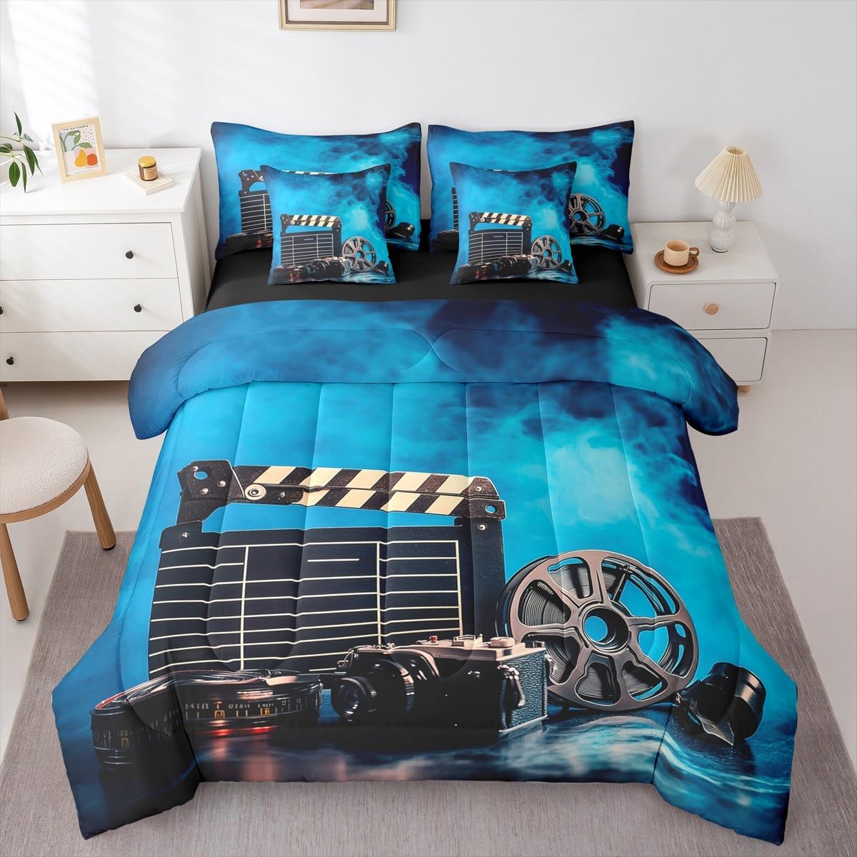 Erosebridal Movie Theater 7 Piece Bedding Set Twin Vintage Clapboard Comforter Set with Sheets Old Fashion Cinema Bed in A Bag Navy Blue Tie Dye Retro Projector Camera Bed Sets Comforter