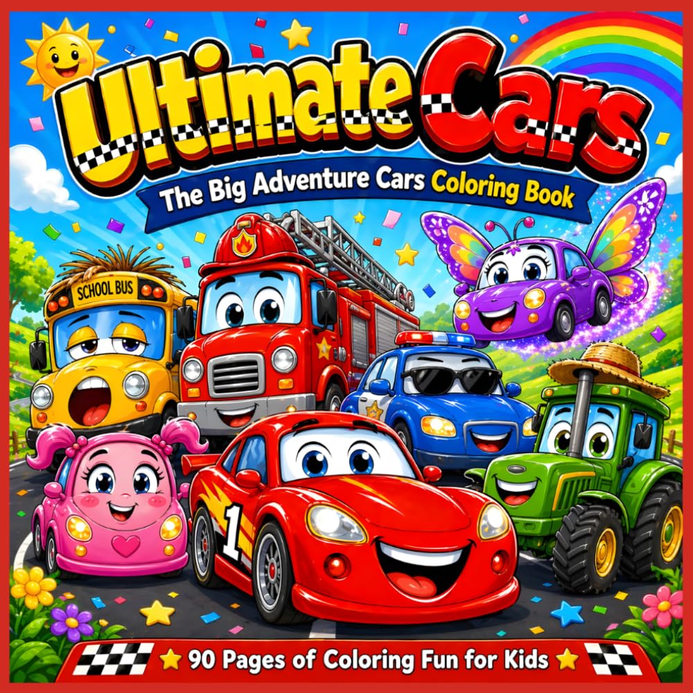 Ultimate Cars Coloring Book for Kids: 90 Pages of Anthropomorphic Cars, Race Cars, Trucks & Fun Vehicles — Bold Illustrations for Children