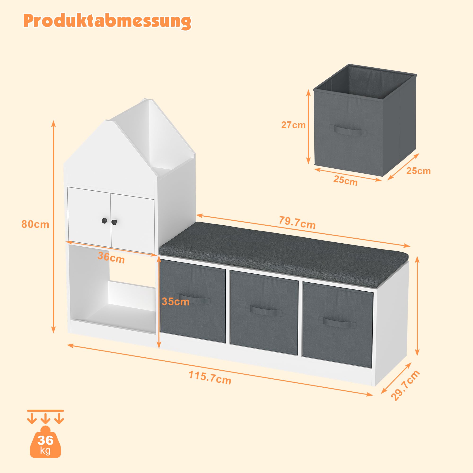 KEEPREAPER Kinderregal mit Kissen, Kinder Sitzbank mit 3 Aufbewahrungsboxen & 3 Fächer, Kinder Bücherregal, Spielzeugregal aus Holz, Aufbewahrungsregal für Kinderzimmer, 116x30x80cm, Weiß und Grau