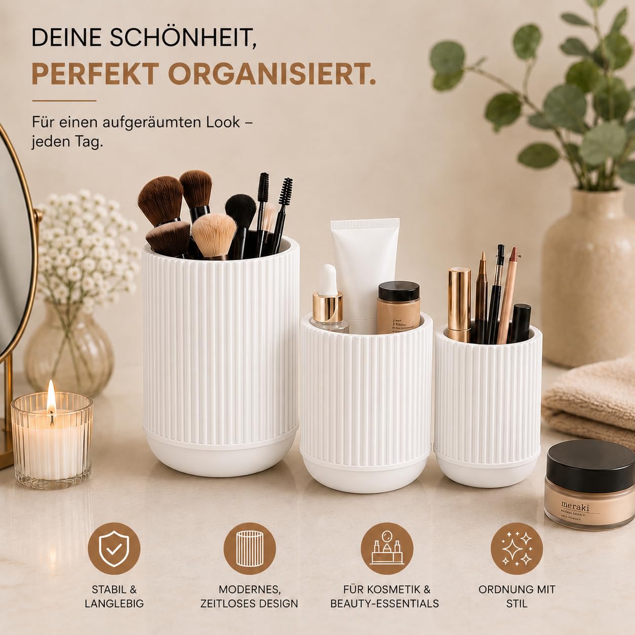 CABU Stiftehalter Weiß 3er Set – Minimalistischer Schreibtisch Organizer – Multifunktionaler Stiftebecher & Pinselhalter aus robustem Kunststoff – Modern Matt für Büro, Homeoffice & Kosmetik