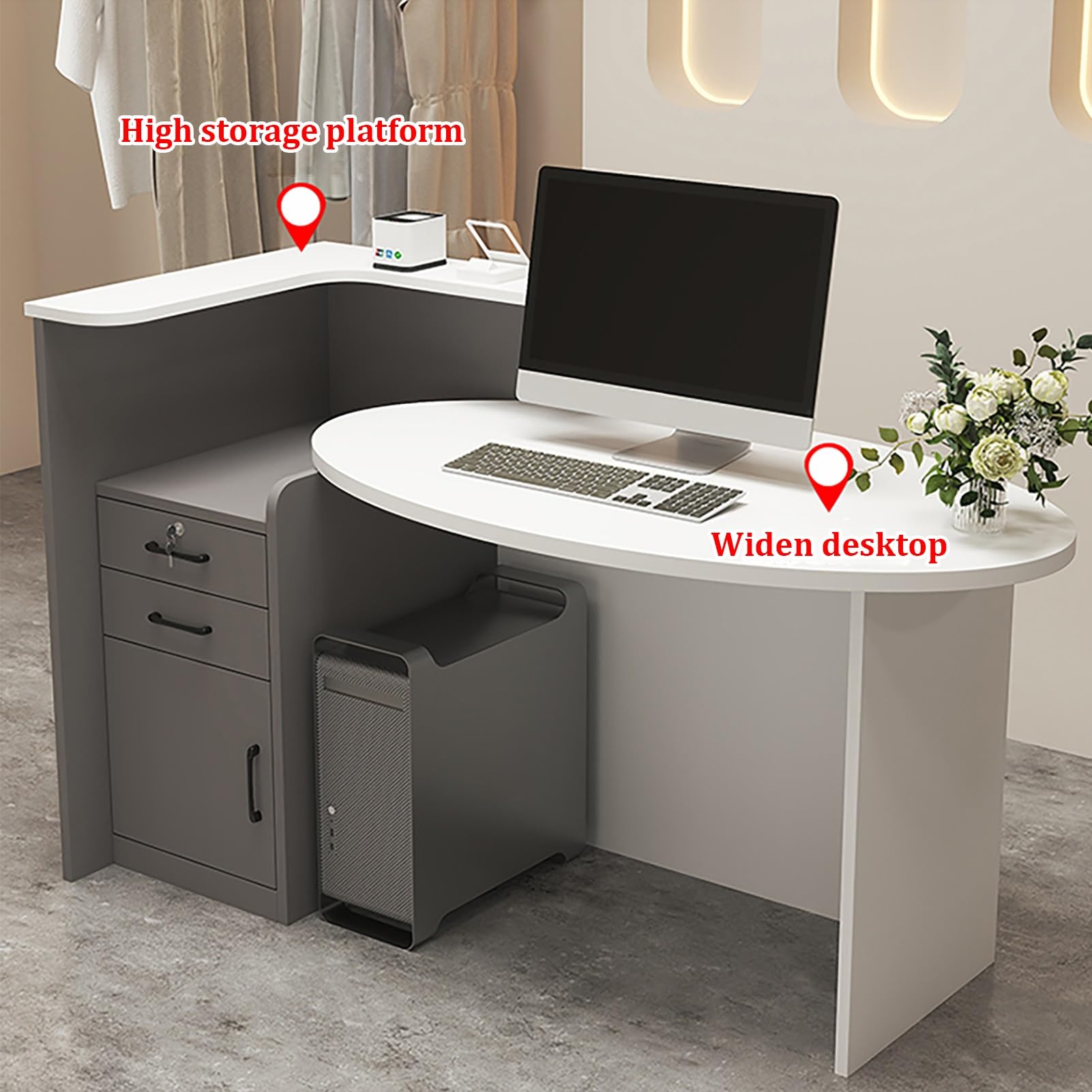 Generico Banco Reception Moderno Bianco con cassetto con Serratura e armadietto Contenitore, Piano Ovale Frontale, Tavolo Cassa per Negozi da 140 cm (55,1 Pollici) per u