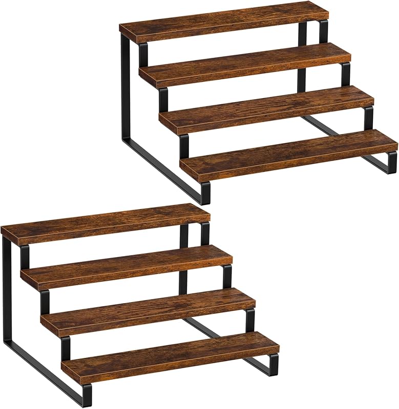 Giikin Especiero de 4 niveles, juego de 2 especieros de madera para encimera, estantes de almacenamiento para mostrador de cocina, soporte para magdalenas, soporte de exhibición, color marrón rústico