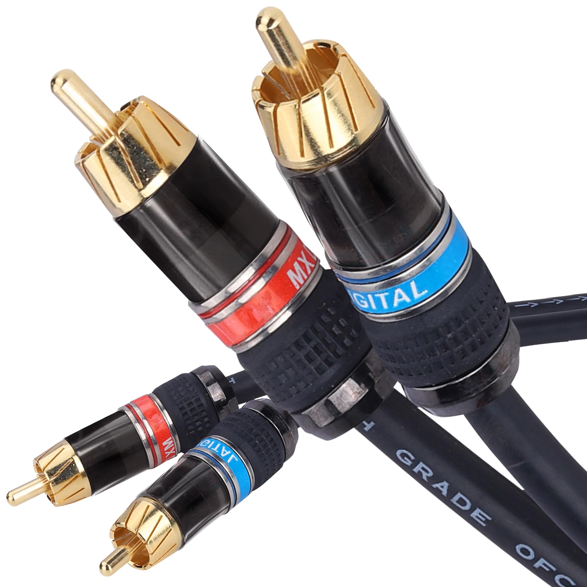 MX 2 RCA to 2 RCA Stereo Audio Cable 1.5M | Gold-Plated Male to Male OFC Cable | Heavy-Duty Copper Shell AV Extension for TV, Amplifier, Speakers & Home Theater – Multicolor