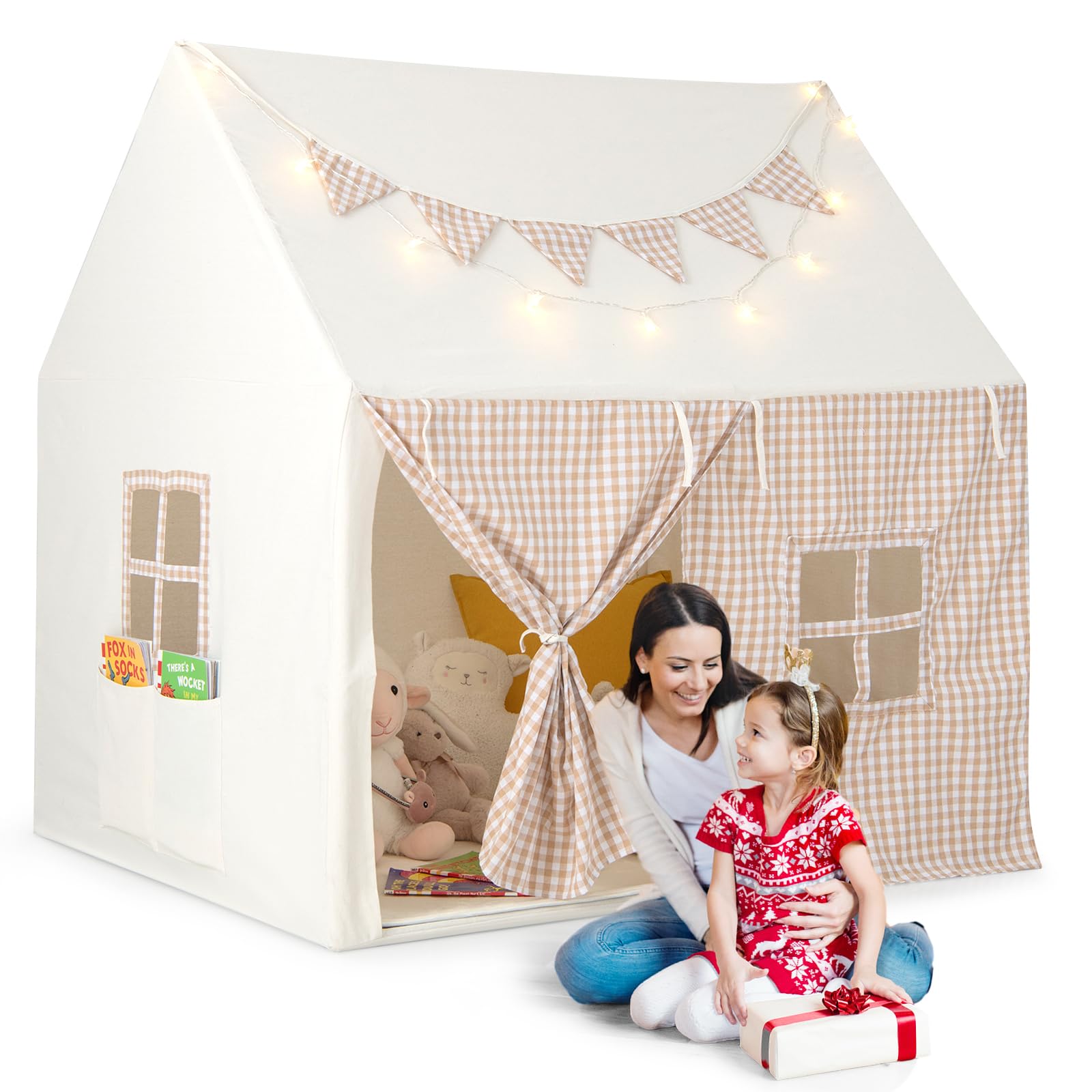 HOMASIS Kinderzelt für Drinnen, Spielhaus mit Lichtern & Matte & Fenstern & Vorhang & Flaggen & Taschen, Spielzelt Prinzessin Zelt Baumwolle für Jungen & Mädchen, Tipi Zelt Kinderhaus Kinderzimmer