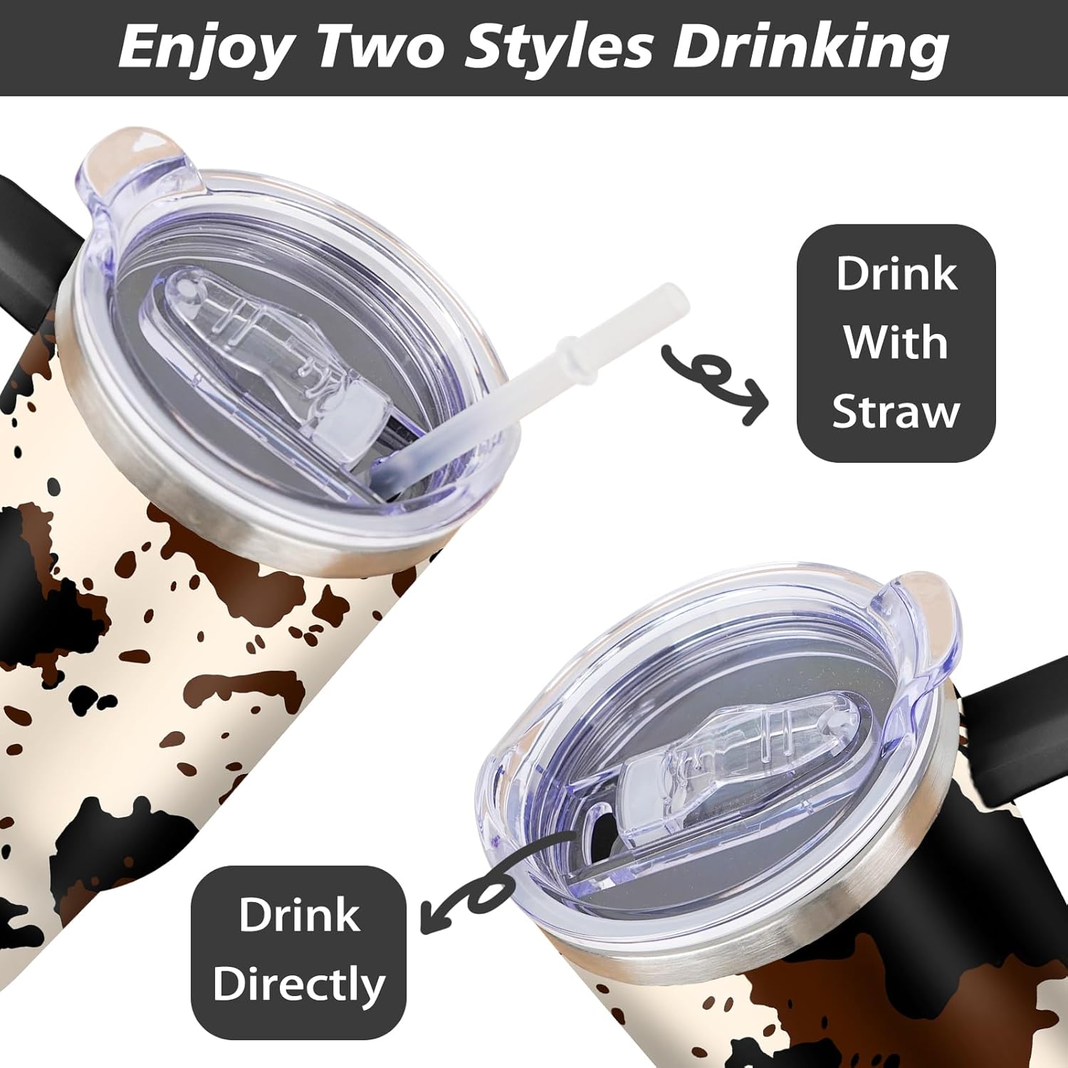 Cow Print Tumbler with Lid and Straw, Stainless Steel 30oz Tumbler with Handle, Brown Cow Print Travel Coffee Mug Water Bottle, Cow Gift Cups for Women and Girls - Image 4