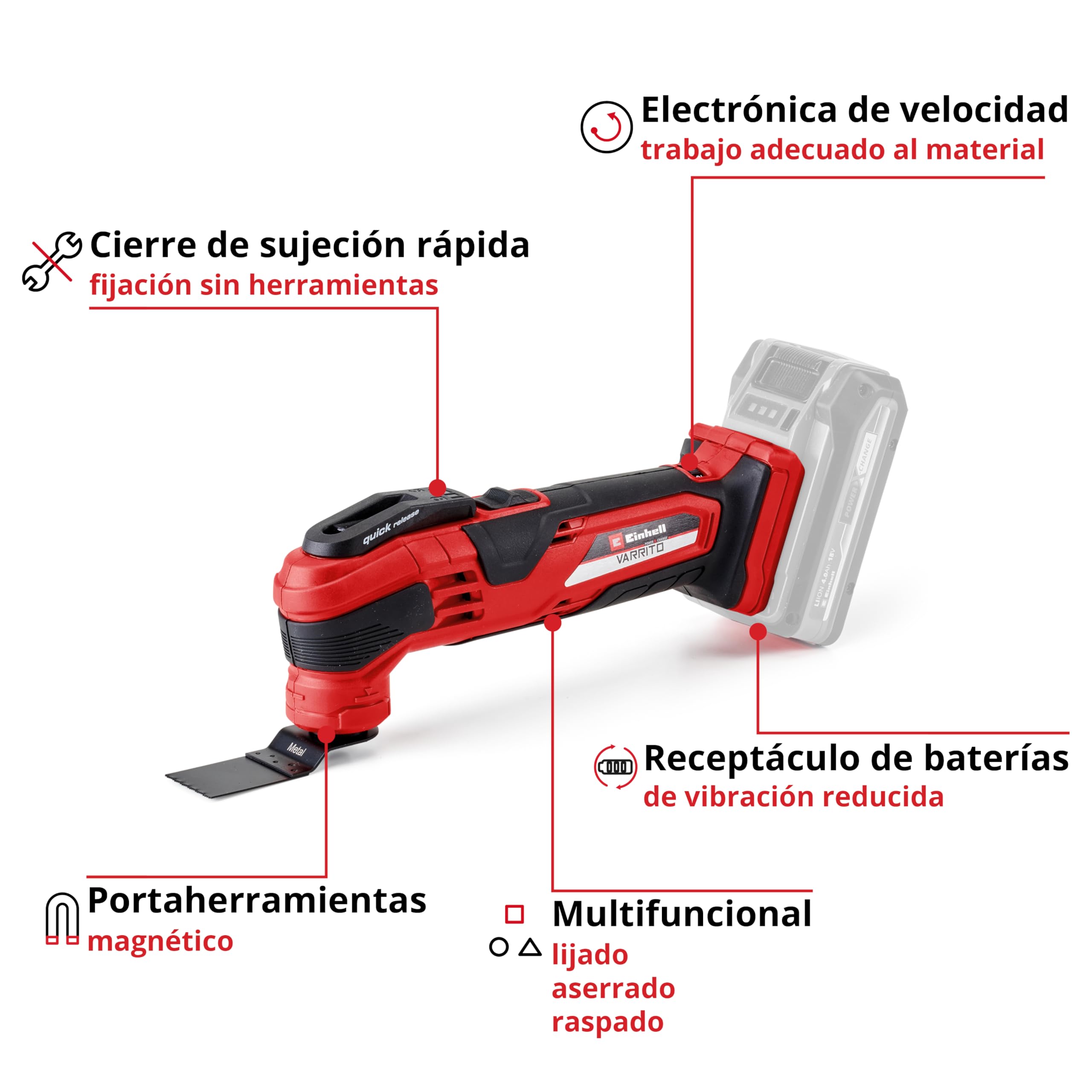 Einhell Herramienta multifunción a batería VARRITO Power X-Change (Li-Ion, 18V, 11000-20000 min.-1, cierre rápido, portaherramientas ajustable en 12 posiciones, sin batería ni cargador)