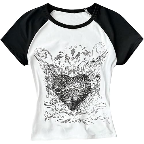 SOLY HUX Girl's Y2k Gothic Graphic Tees Short Sleeve Crew Neck T Shirt Color Block Fitted Summer Tops Streetwear