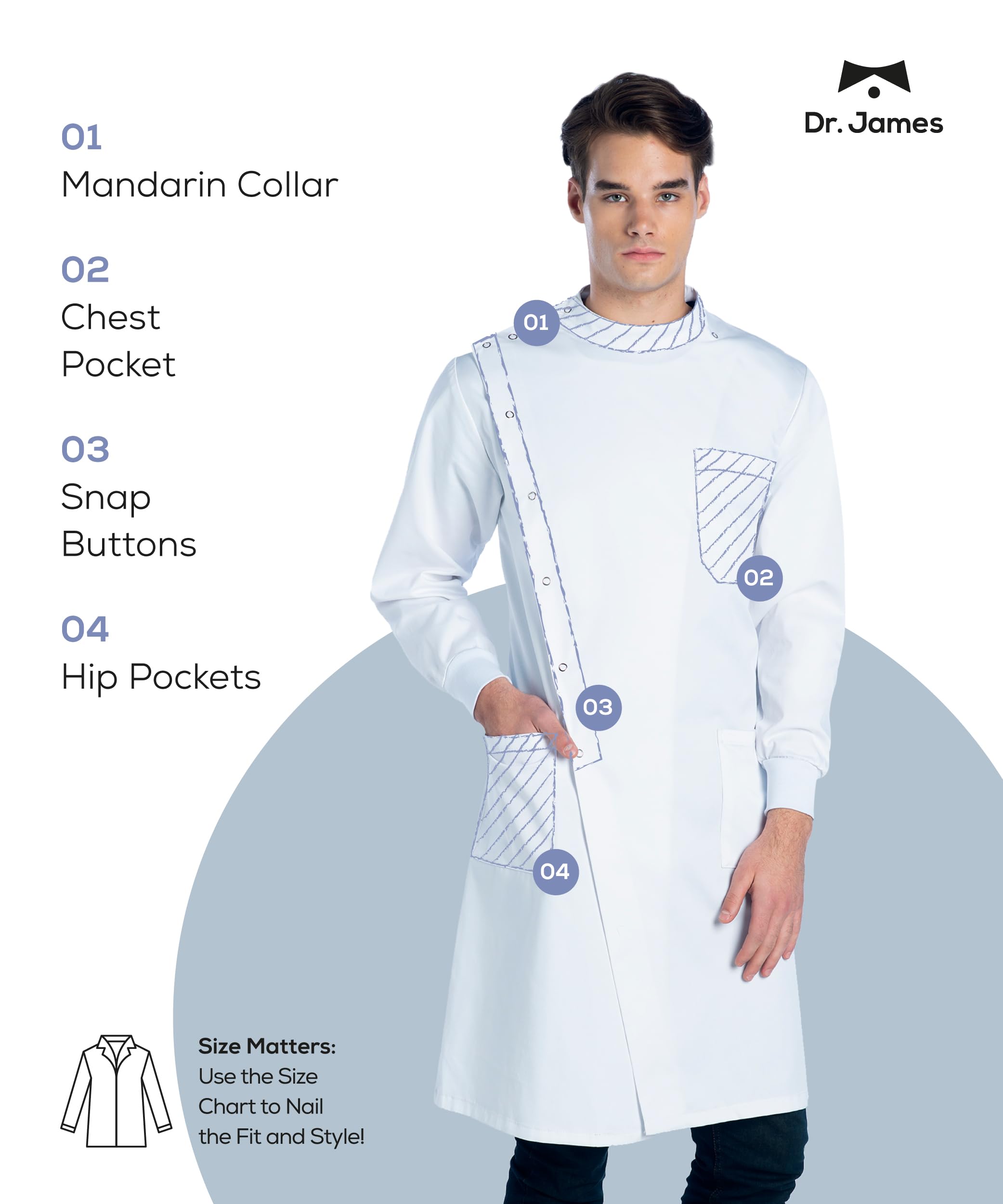 Dr. James Fartuch Laboratoryjny Unisex, Klasyczny Krój, Styl Howie, Biały