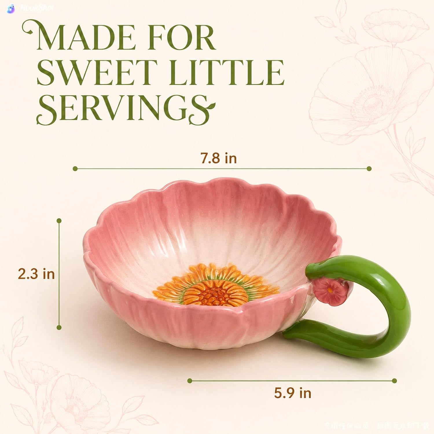 KXZ Pink Ceramic Flower Bowl with Handle, 5.9-Inch Serving Bowl