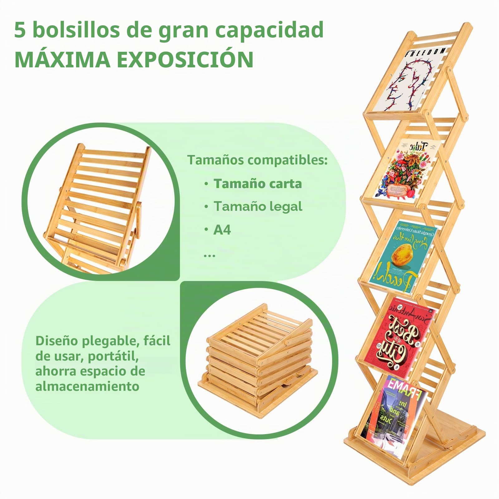 Expositor Plegable para Folletos，Revistero Plegable, Catálogo de Bambú, Estante de Literatura, Revistero con 5 Bolsillos para Casa, Oficina, Feria de Muestras，Expositores de Pie