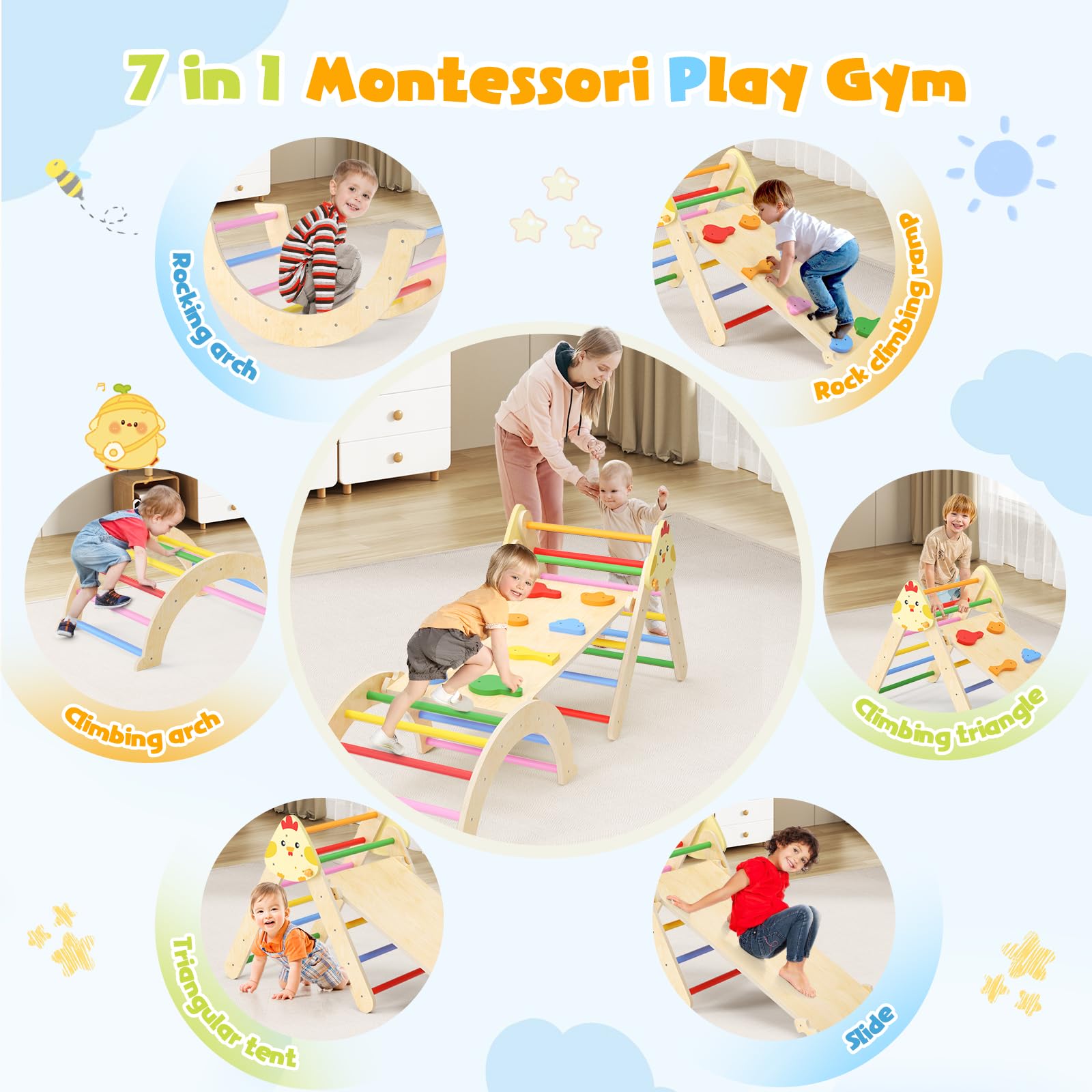 Lischwert Montessori - Struttura da arrampicata 7 in 1 per bambini, pieghevole, in legno, con rampa e arco, giocattolo Montessori per arrampicata e palestra per bambini (colori misti)