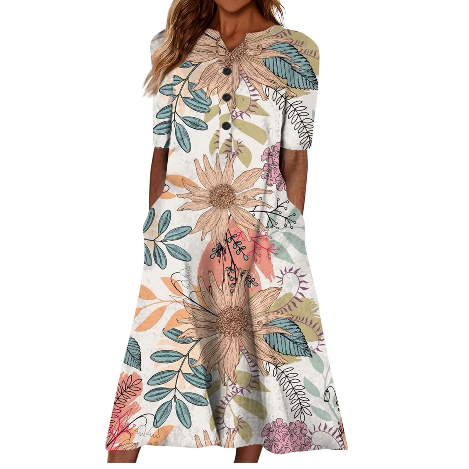 Women's Dresses 2023 Casual Summer Dress Casual Printed V-Neck Short Sleeve Beach Swing Dress, S-3XL
