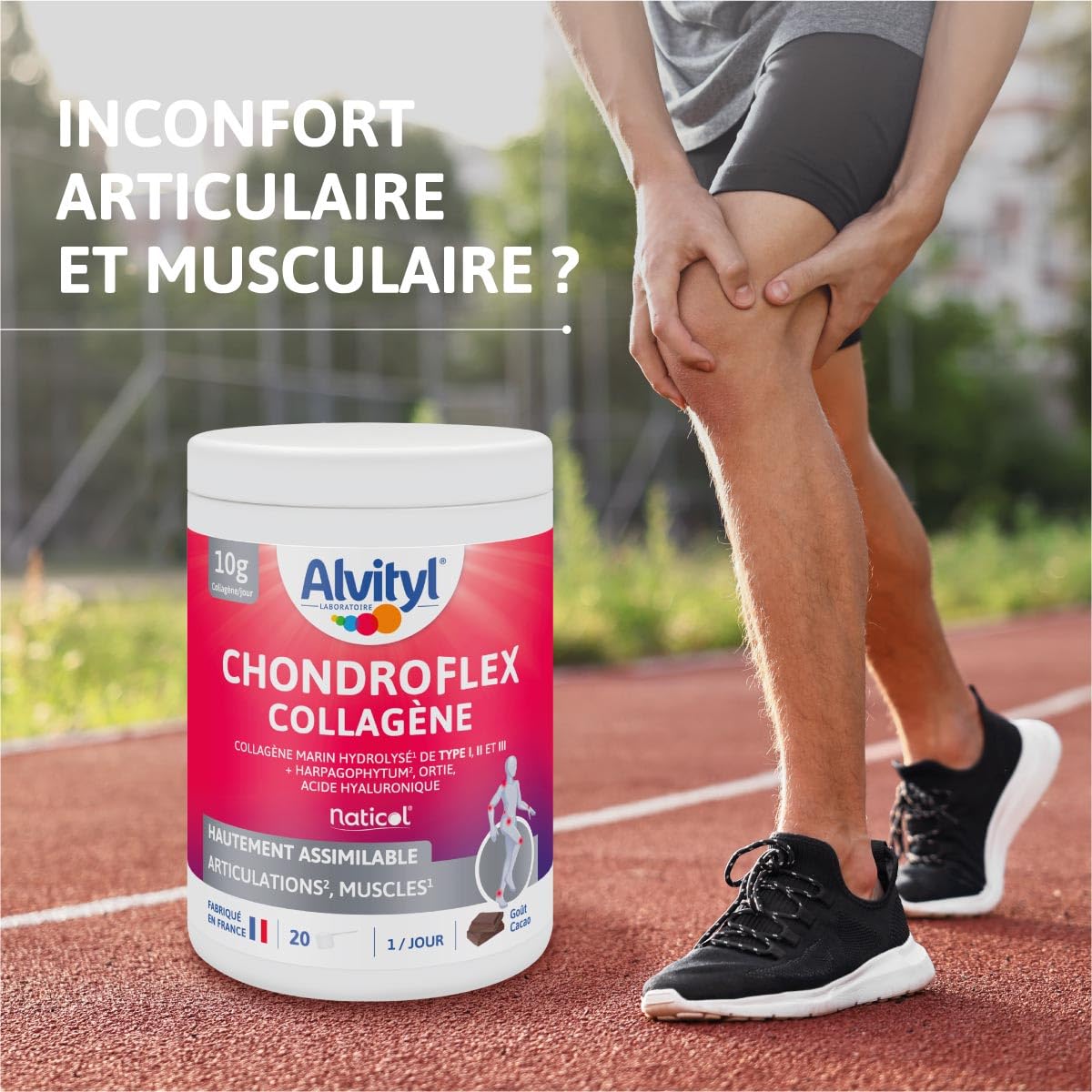 Alvityl Chondroflex - Collagène hydrolysé de Type 1,2 et 3 – Harpagophytum – Acide hyaluronique – Ortie Dioïque- Hautement assimilable – Goût Chocolat - 10,5g par jour – 220 gr