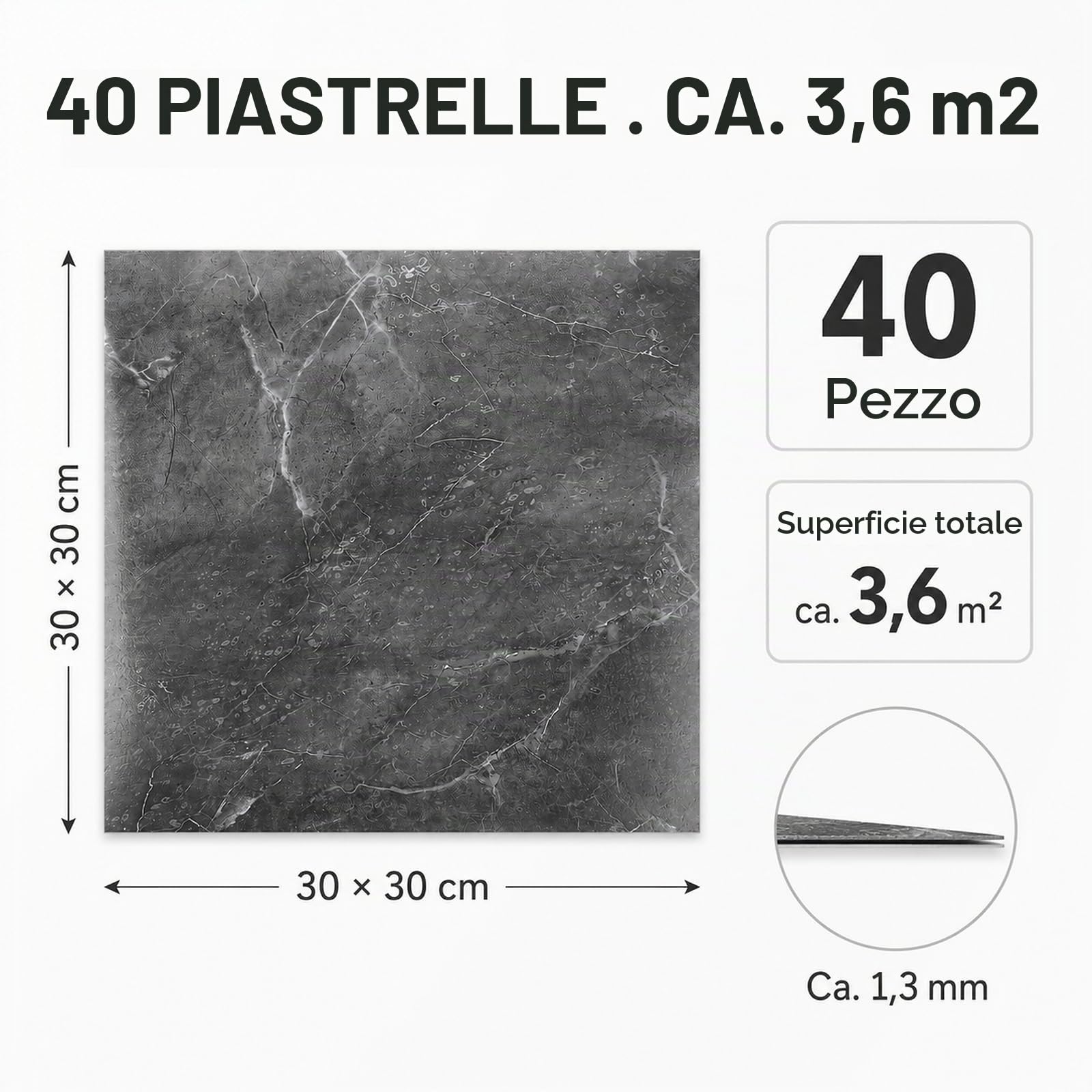 CYEER 40 pezzi 30x30CM Pavimento autoadesivo in PVC, Pavimento in vinile autoadesivo grigio, Piastrelle autoadesive per cucina, soggiorno, bagno (grigio marmorizzato)