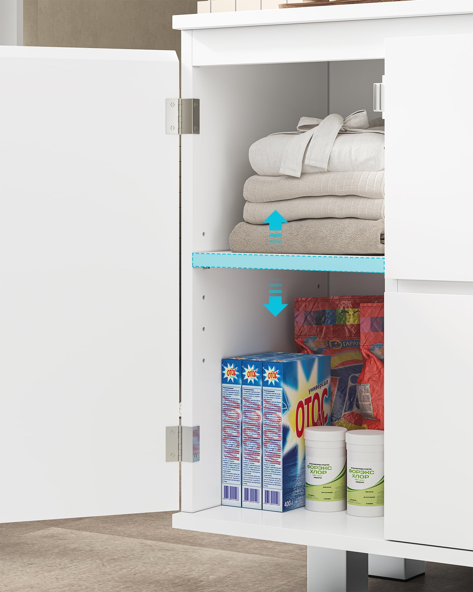 KIMENICH Waschbeckenunterschrank, Badezimmerschrank mit Schubladen, Türfächer, Verstellbare Ablagen, Unterschrank Waschbecken mit Füßen, Viel Stauraum, 90 x 30 x 60 cm, Weiß
