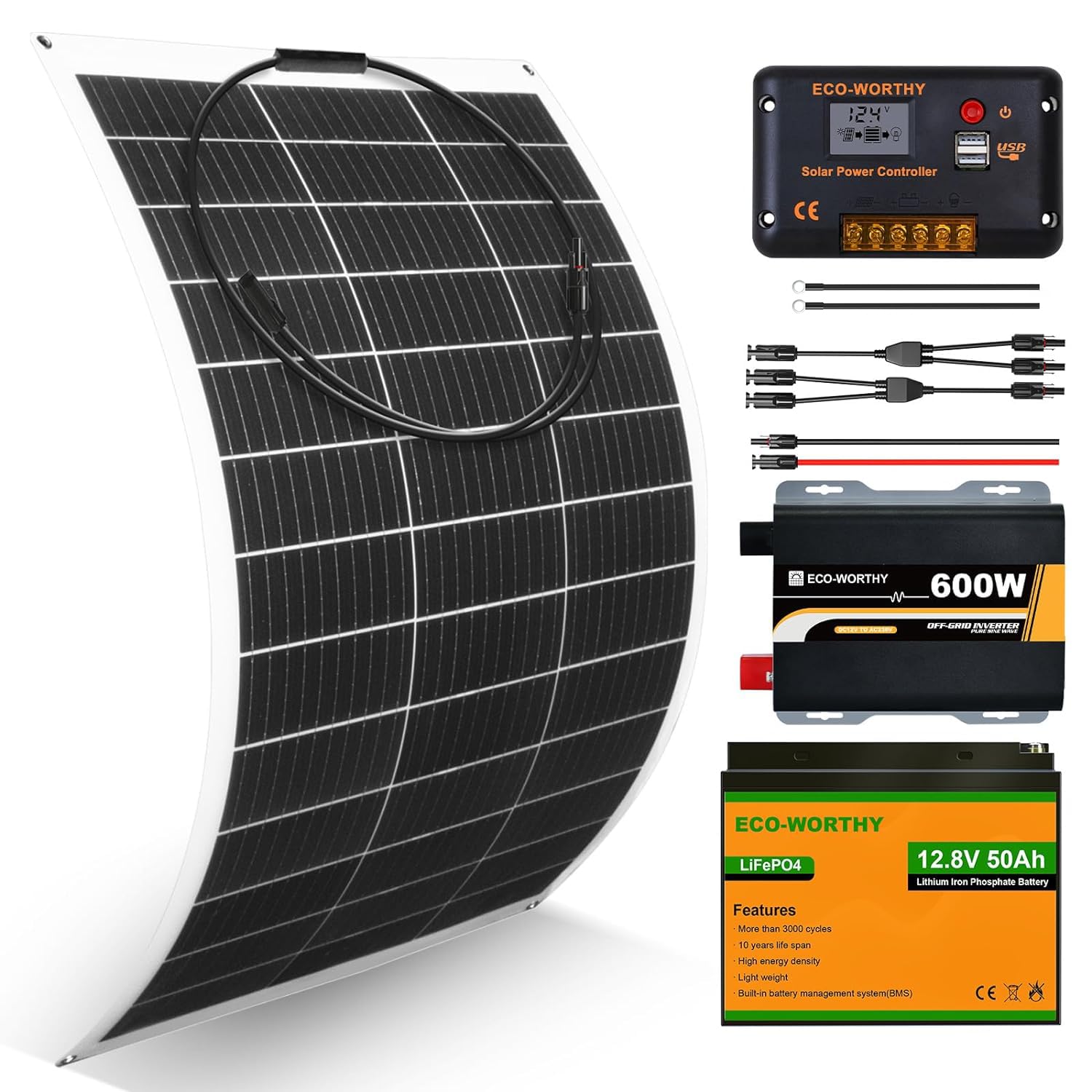 ECO-WORTHY 130W 12V Solarpanel Flexibles Komplettes Kit: 130W Flexibles Solarpanel + 50Ah Litthiumbatterie + 600W 12V Sinuswechselrichter + 30A PWM Laderegler für Wohnwagen, Wohnmobil, Boot