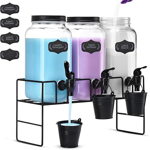 GADFISH Dispensador de detergente líquido para ropa sucia, tres tarros de vidrio para detergente líquido, blanqueador, suavizante de tela,