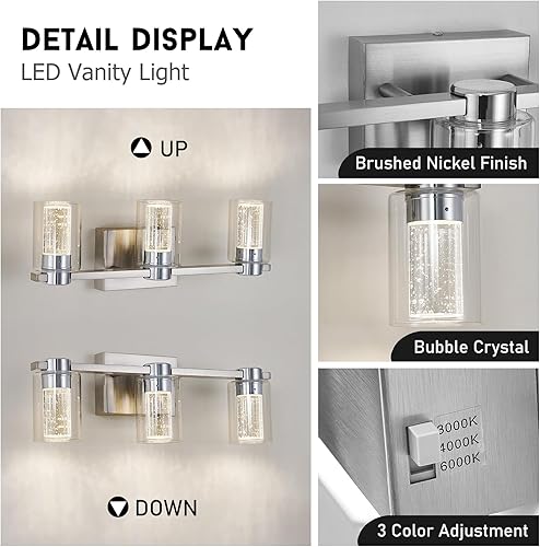 Miniatura 5 de Eatich Lámpara de tocador de baño de 3 luces de níquel cepillado, lámparas de baño sobre el espejo, luces LED de cristal regulables con cristal de