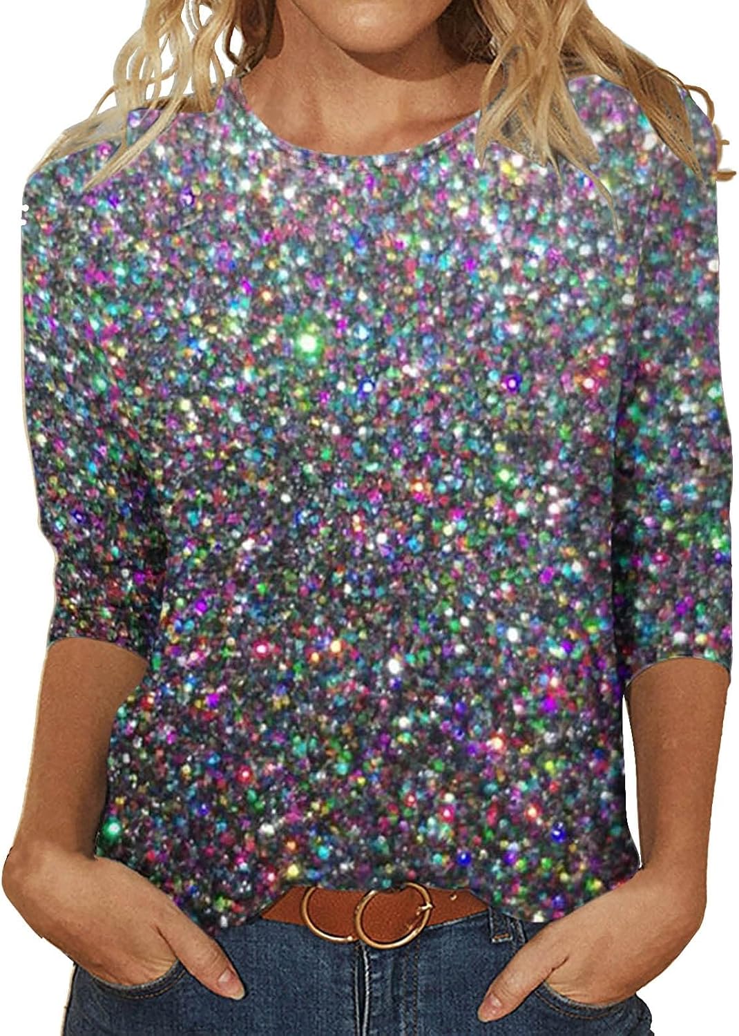 HEONSATI Top+Paillettes Camicetta Cotone Maniche Lunghe Blusa con Glitter Casual Cerimonia Maglia Glitter Scollo a V Maglietta Taglie Forti Capodanno Top Paillettes Curvy per Feste e Serate