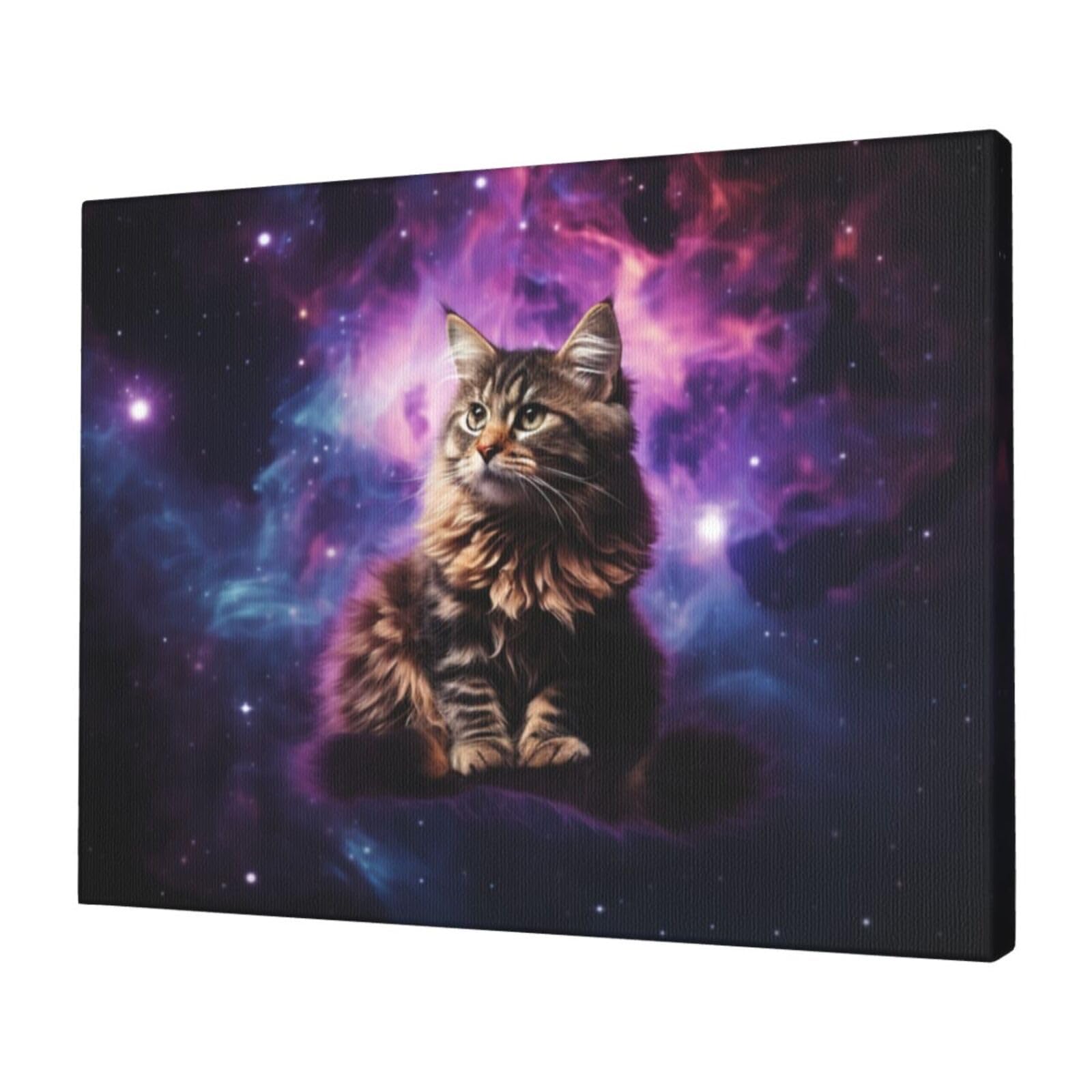 KLOPH Cat sitting inside nebula Canvas Wall Art for Living Room 12"x16" Modern Artwork Painting for Bathroom Hanging Canvas Prints Aesthetic Wallart for Bedroom Kitchen Office Wall Decor