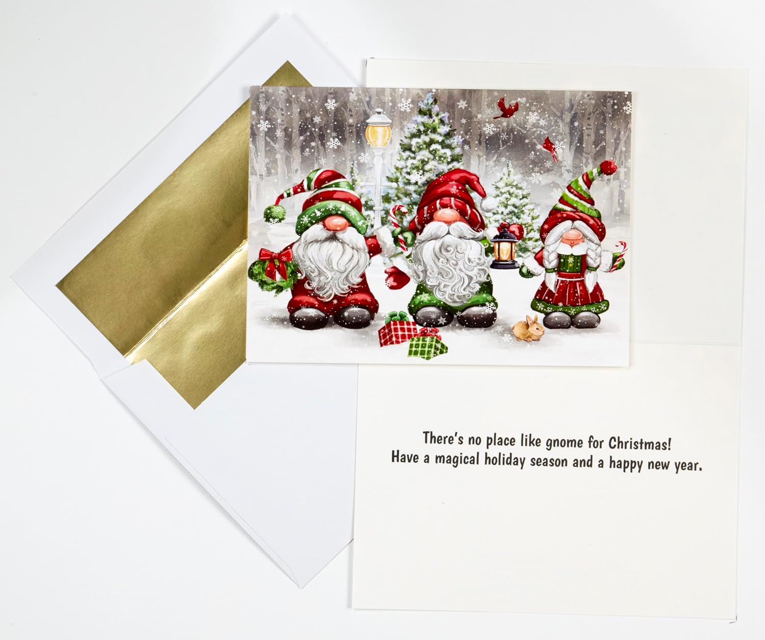 Vermont Christmas Company Box of 'Christmas Gnomes' Christmas Cards - 15 Cards & 16 Foil Lined Envelopes - Packed in Attractive Red Box - Cards measure 4 1/2" x 6 1/4" Folded