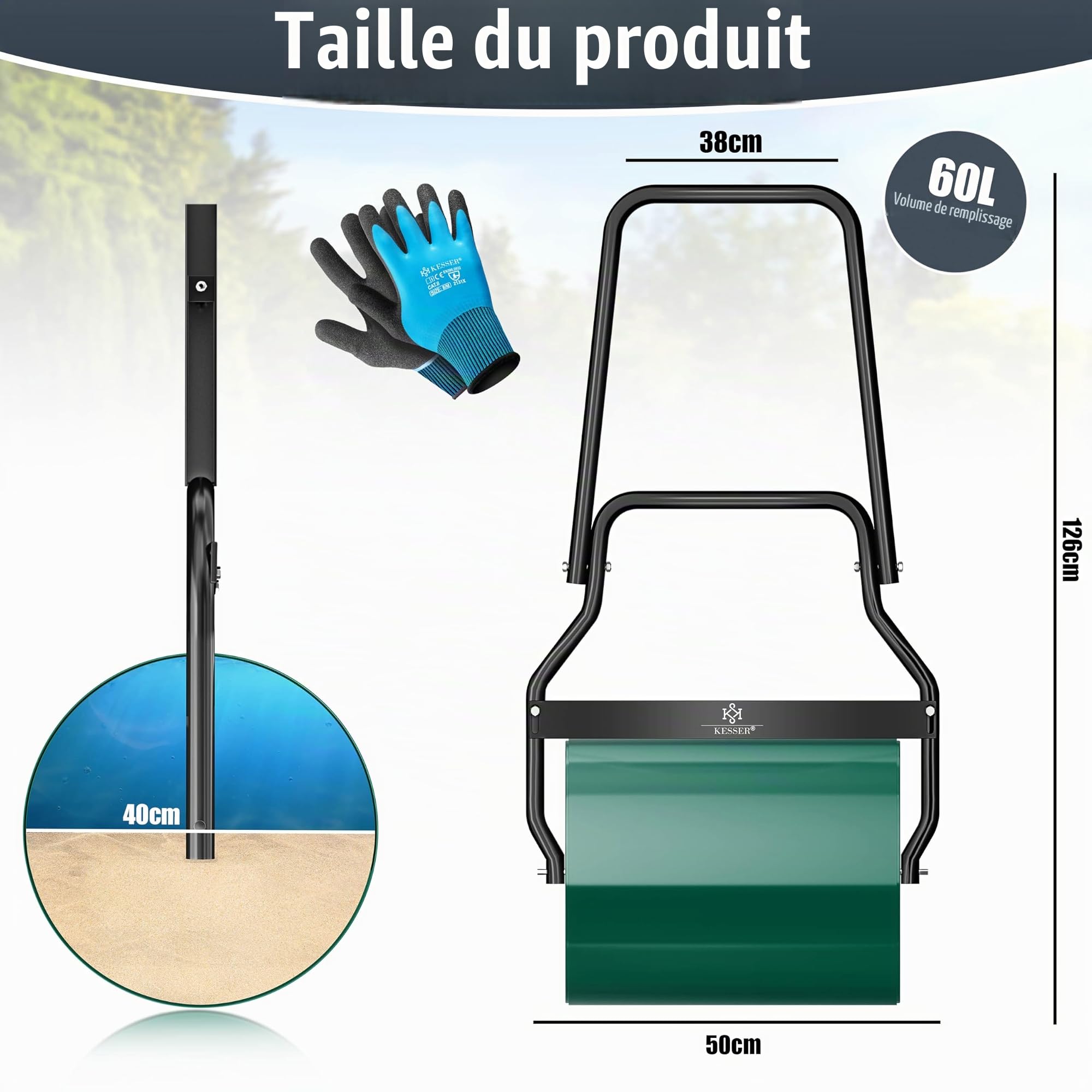 KESSER® Rouleau à gazon en métal à remplir avec de l'eau ou du sable - Volume de remplissage de 60 litres et 50 cm de large - Rouleau de jardin avec gants - Vert