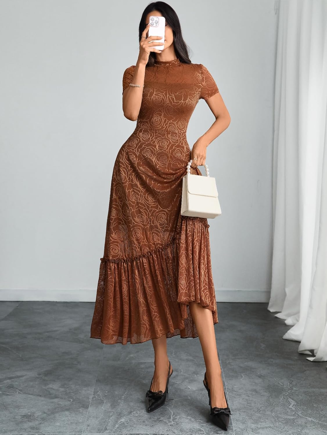 GothDark Womens Elegant Vintage Floral Lace Dress Short Sleeve Double Layer Gothic Midi Wedding Guest Cocktail Dresses - Image 5