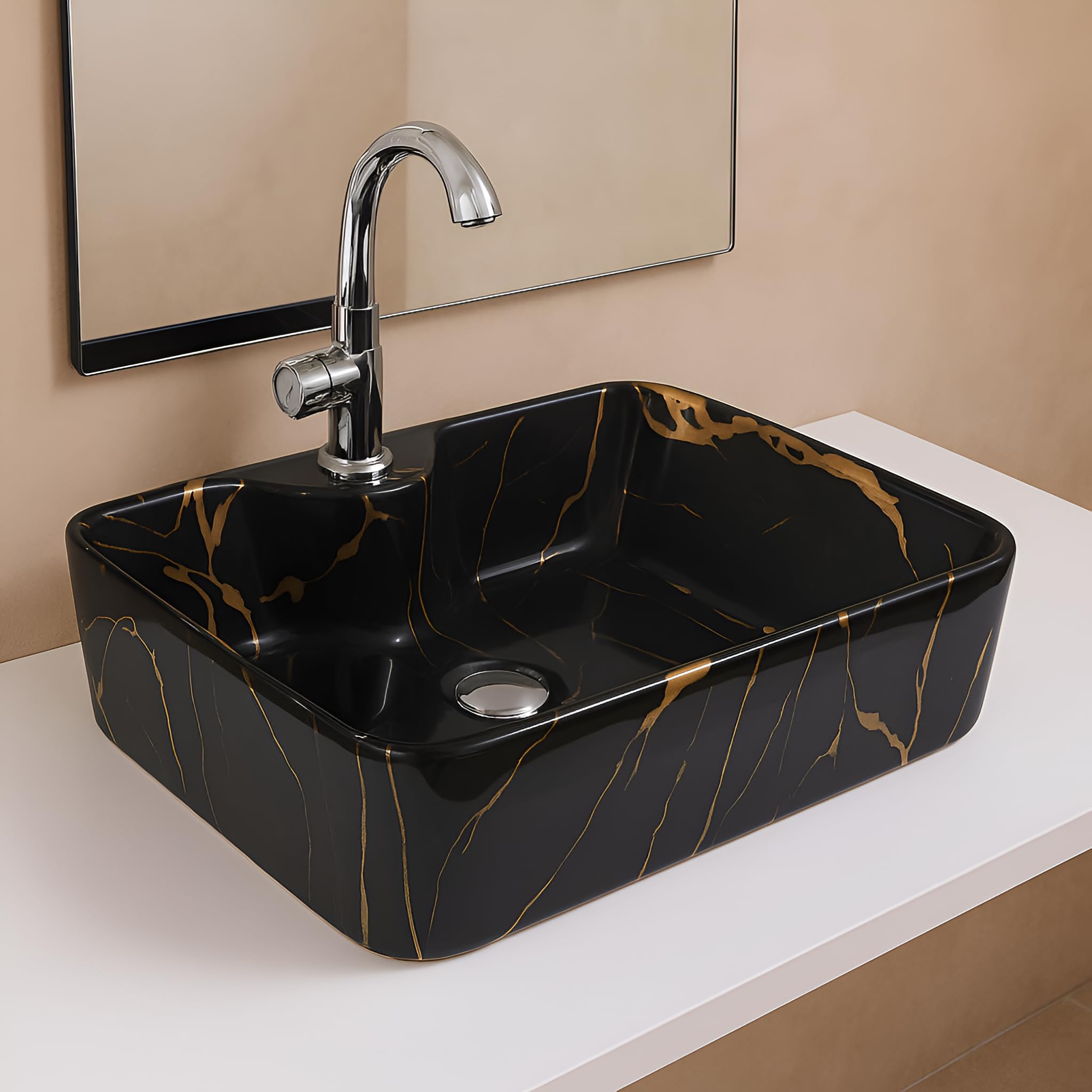 OSOSAM Imported Premium Designer Table Top Wash Basin – Ceramic Bathroom Sink – Over Counter Basin (20 x 15 x 5.5 Inch) – Black Gold Jelly