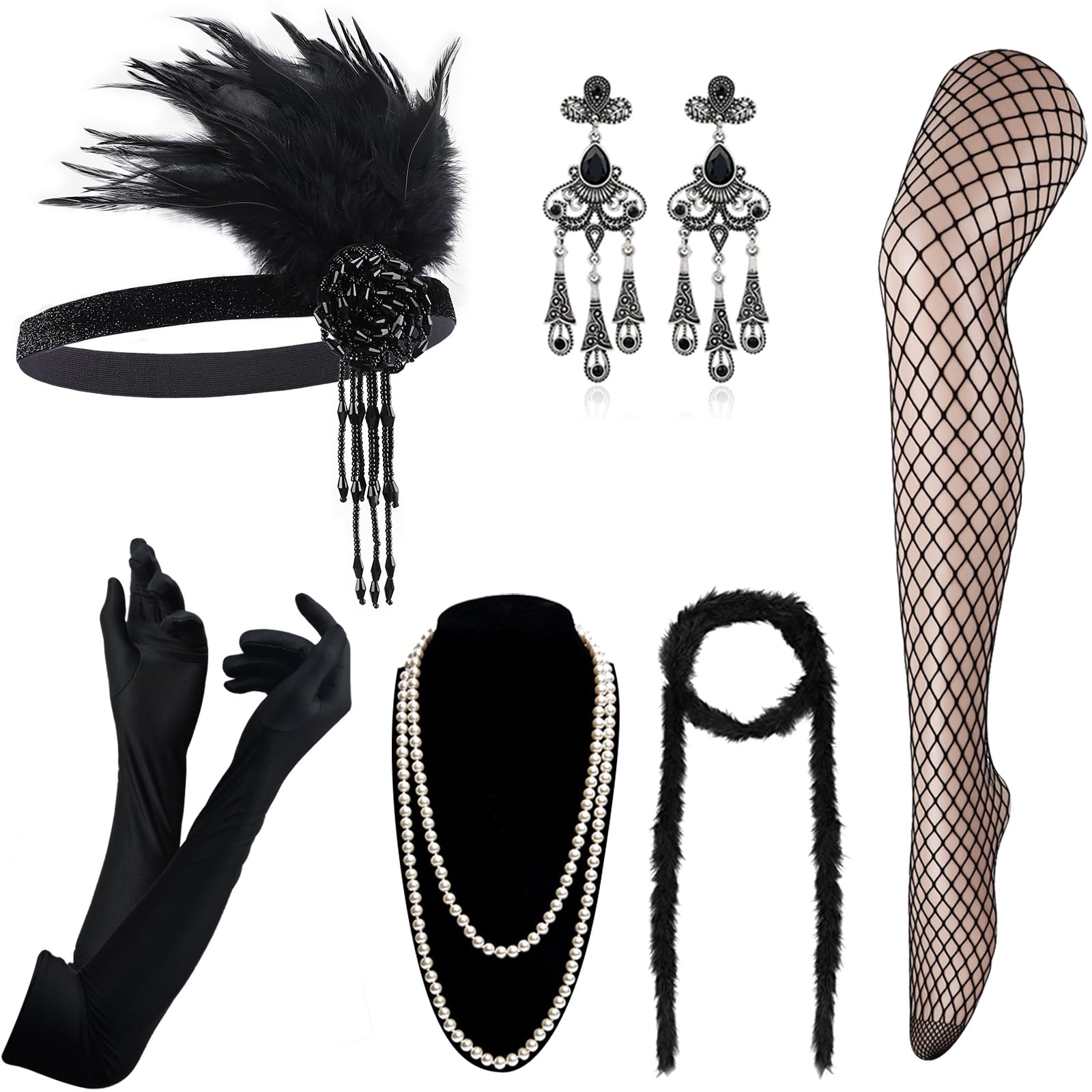 DRESHOW 1920s Accessori Flapper Anni 20s Gatsby Costume Set Orecchini Collana Fascia Guanti Estensibile Set Flapper per Festa Ballo
