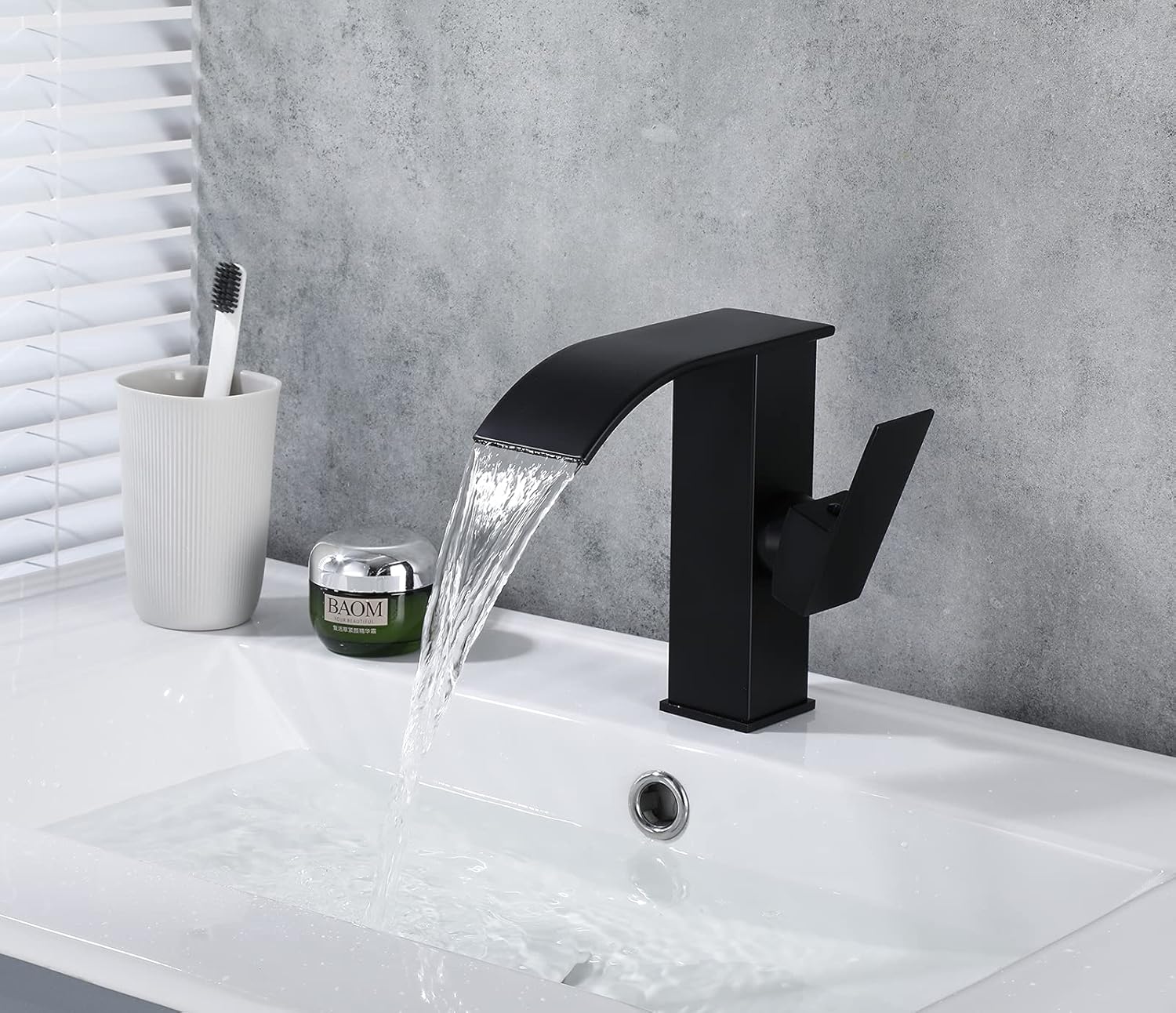 Bathroom Black Faucet Waterfall 1 Hole Bath Lavatory Vanity Sink Faucet Single Handle Include Pop Up Drain with Overflow Commercial Modern Basin Tap Brass Deck Mount