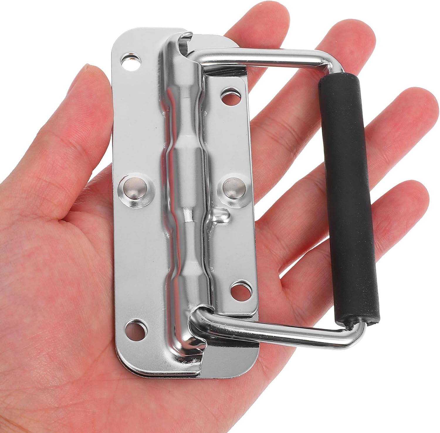 Heavy Duty 110mm Chrome-Plated Stainless Steel Folding Toolbox Handle with Spring Loaded Grip, Industrial Metal Case Handle Replacement for Toolboxes and Equipment Boxes
