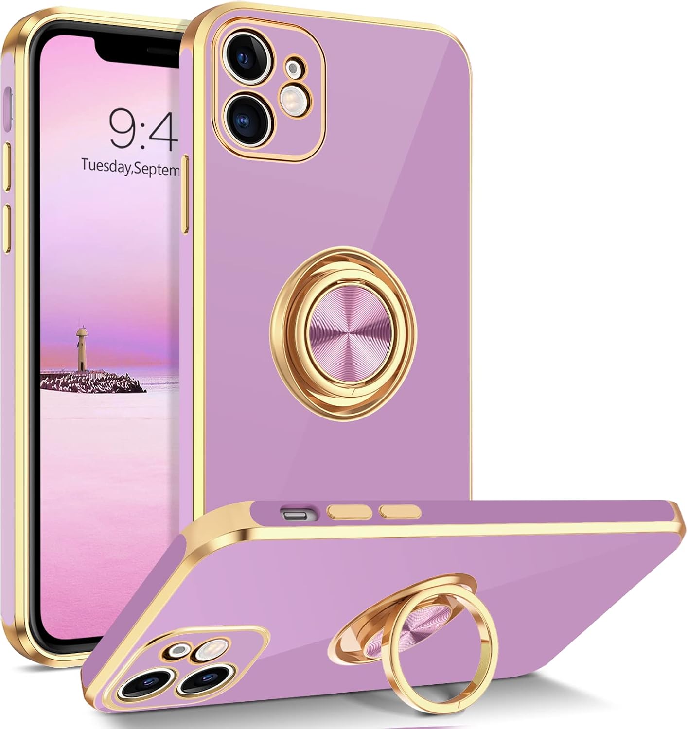 BENTOBEN iPhone 12 Case, Slim Lightweight 360° Ring Holder Kickstand Support Car Mount Shockproof Women Men Non-Slip Protective Case for iPhone 12 6.1", Purple/Gold