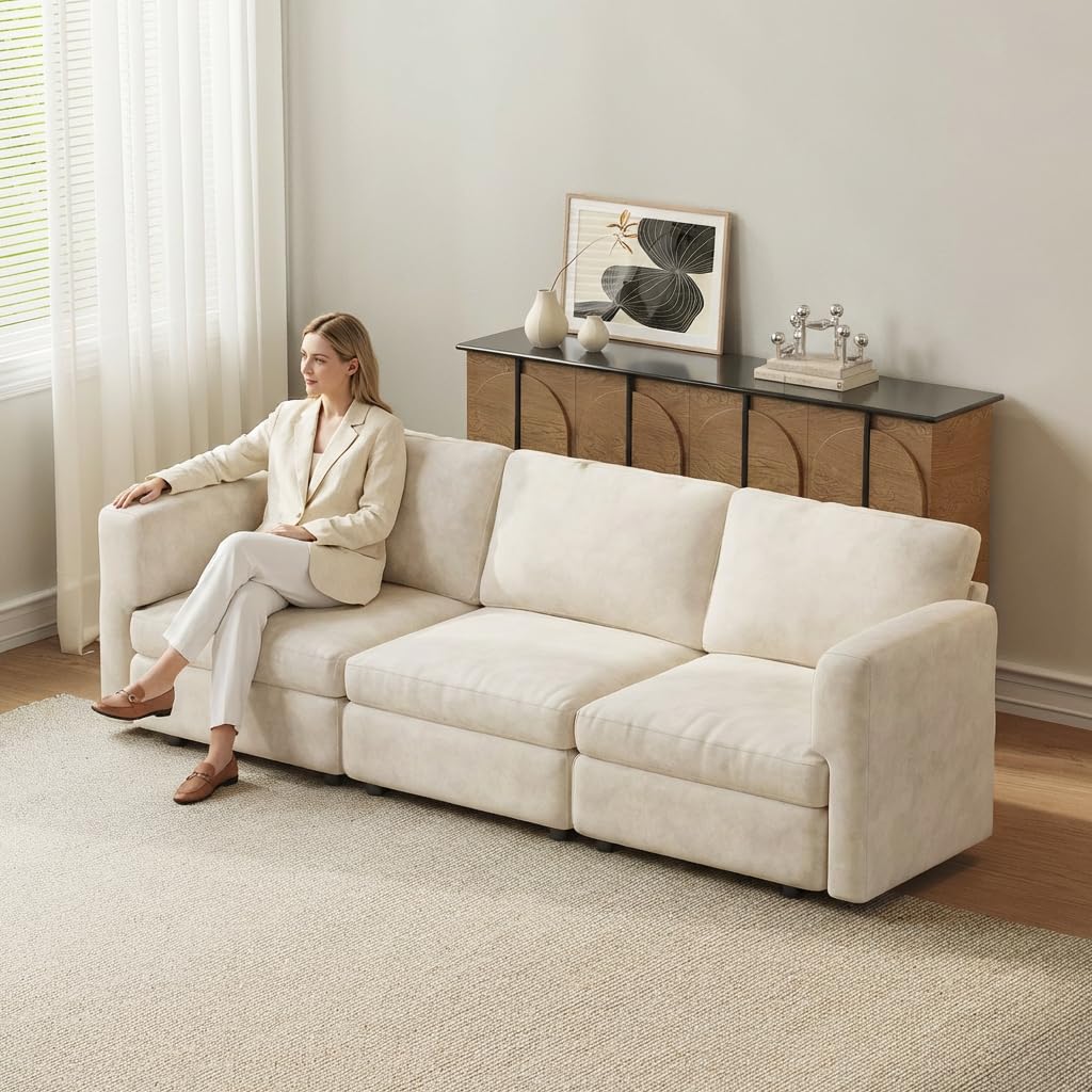 Cream Modular 3-Seater Sofa, 250cm Wide Comfort Couch with Storage-Compatible Design, Cloud-Soft Seating, Sturdy Wooden Frame, 150KG Capacity