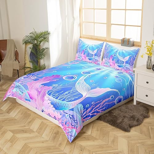 Miniatura 2 de Erosebridal Juego de ropa de cama de cola de sirena, funda de edredón Kawaii de animales marinos náuticos, tamaño individual para niños, funda