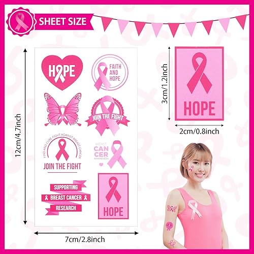 Miniatura 2 de Tatuajes temporales de concientización sobre el cáncer de mama, 20 hojas de calcomanías de cinta rosa de JUNEBRUSHS para maquillaje, tatuajes