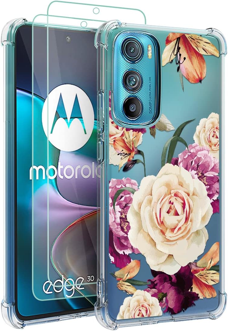 Osophter for Moto Edge 30 5G Case with 2pcs Screen Protector Flower Floral for Girls Women Shock-Absorption Flexible TPU Rubber Phone Cover for Motorola Moto Edge 30 5G(Purple Flower)