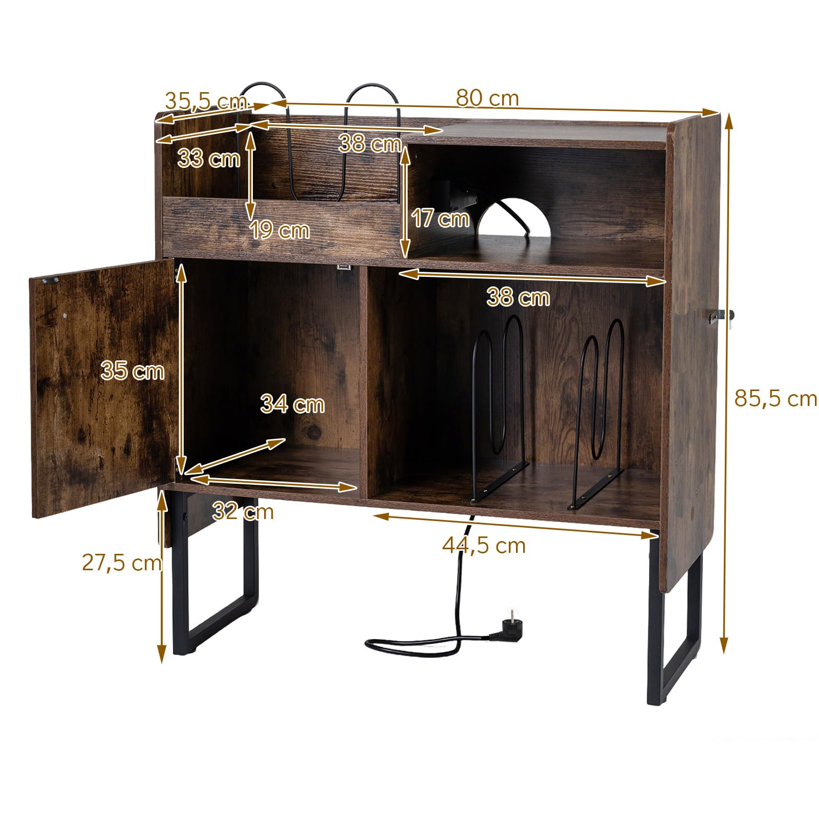 KOMFOTTEU Mueble para Tocadiscos con Estación de Carga, Mesa para Tocadiscos con Divisores para Vinilos, Armario con Puerta y Estante Abierto, Soporte de Discos de Vinilo con Orificio de Cables